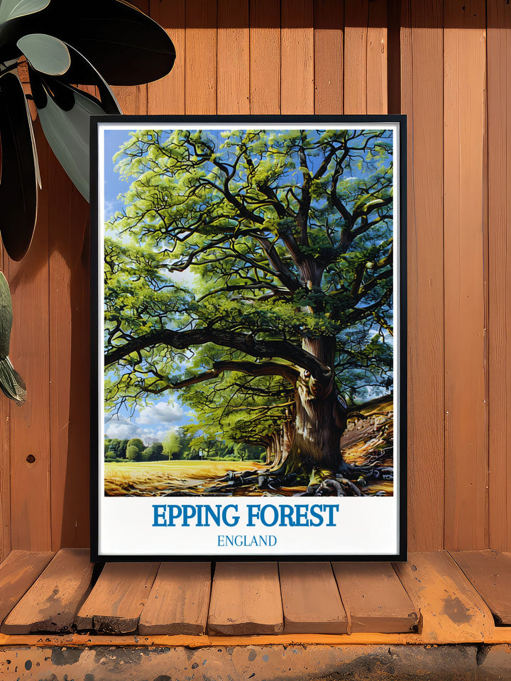 Vintage poster highlighting the ancient oak trees of Epping Forest, showcasing their timeless charm and scenic surroundings.