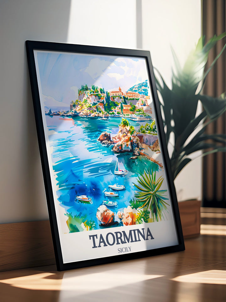 Taormina poster with Taormina Beach and Isola Bella. This Italy print showcases the serene beauty of Taorminas beaches and the picturesque Isola Bella.