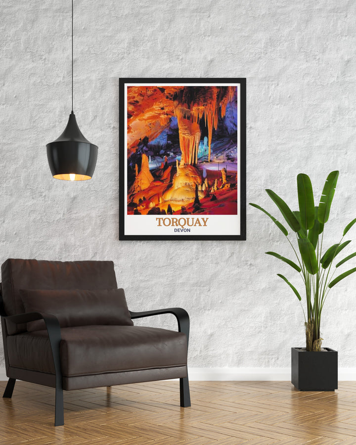 Framed Art of Kents Cavern in Torquay, Devon, showcasing the beauty of this prehistoric cave system. The vintage inspired design captures both the natural and historical appeal of this iconic Devon landmark.