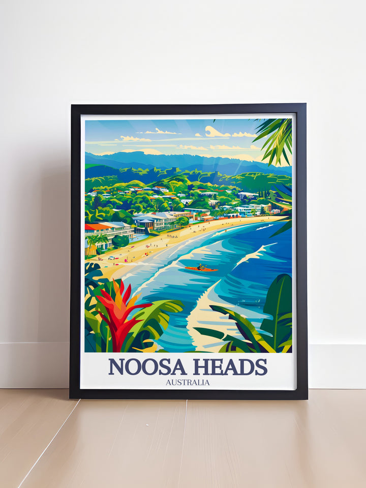 Noosa Heads Main Beach Canvas Art portraying a vibrant depiction of the famous beach and surrounding landmarks like the Everglades. The fine line details and bright colors of this artwork make it ideal for any space, adding a coastal touch with a unique Australian twist.