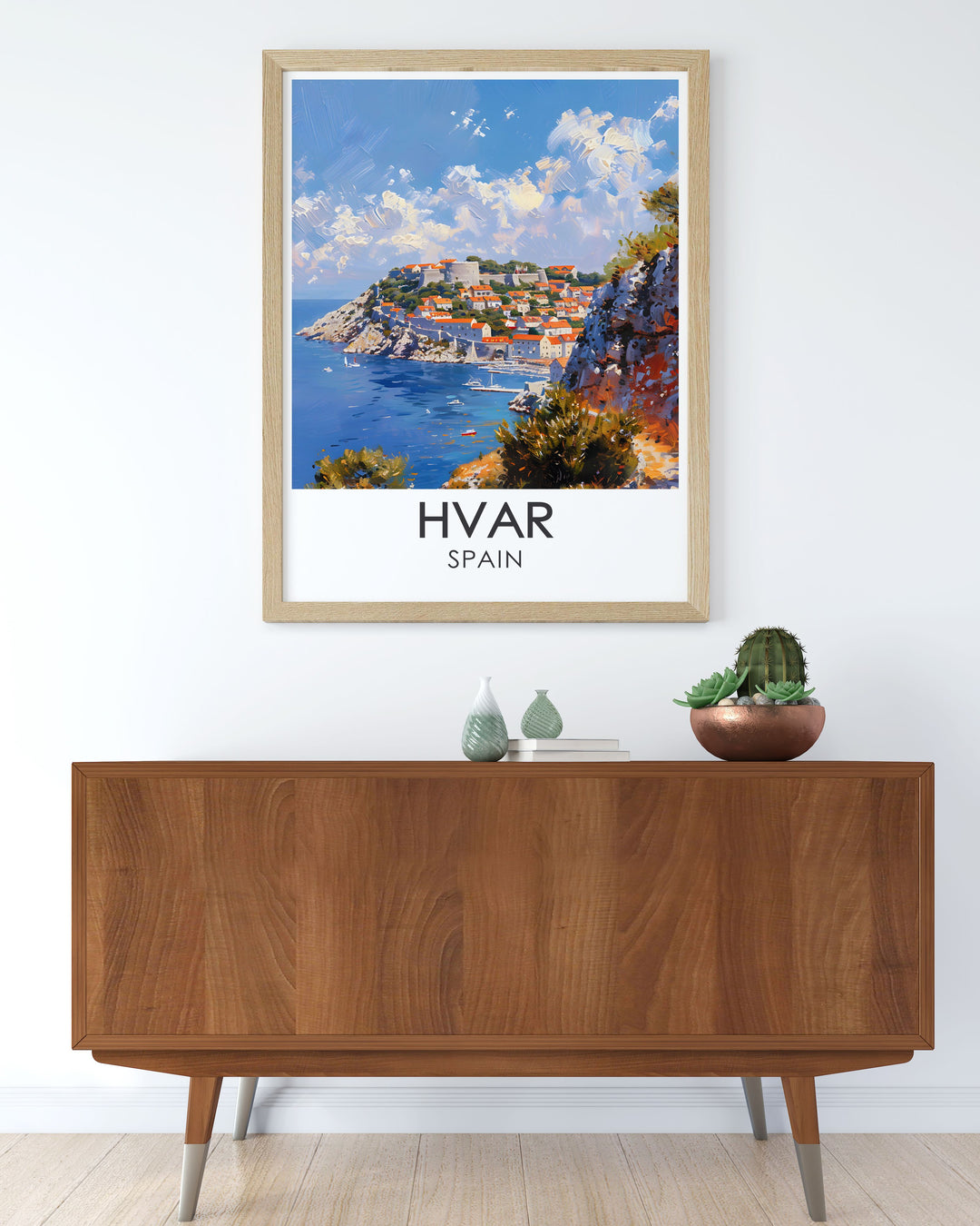 Vintage poster of Hvar, capturing the timeless beauty and charm of this Adriatic gem. This print is ideal for those who appreciate classic coastal views and want to bring a piece of Mediterranean elegance into their decor.