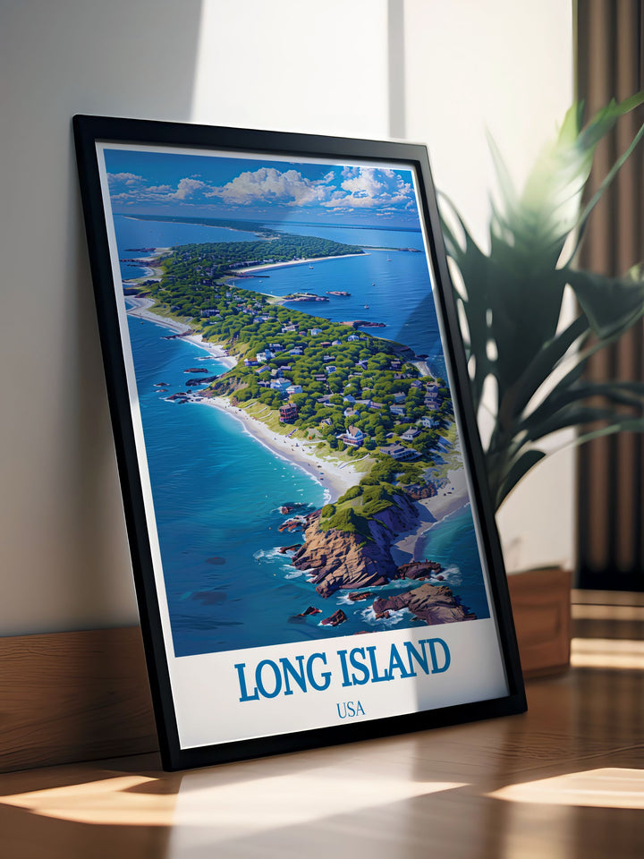 This travel poster beautifully depicts the diverse beauty of Long Island and the serene charm of Fire Island, ideal for adding a touch of New Yorks coastal allure to any room.