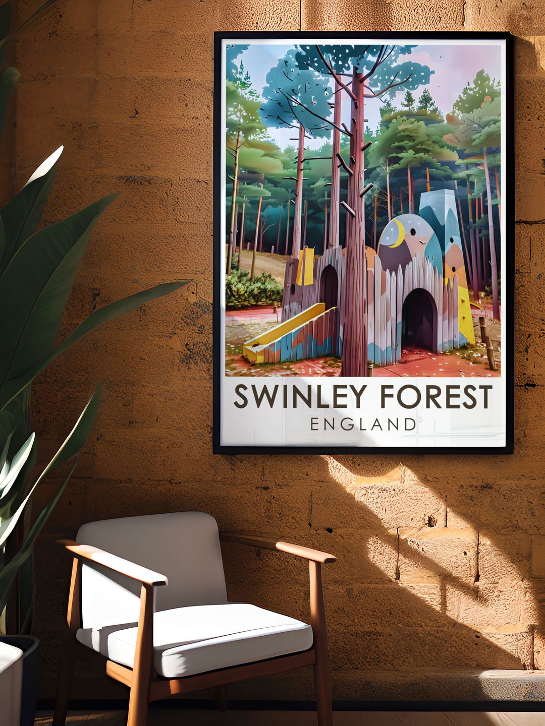 Swinley Forest gift for mountain biking fans featuring Look Out Discovery Centre and the forest trails. A cycling wall art that adds a sense of adventure and energy to any room with its vibrant display of nature and outdoor activities for home decor.