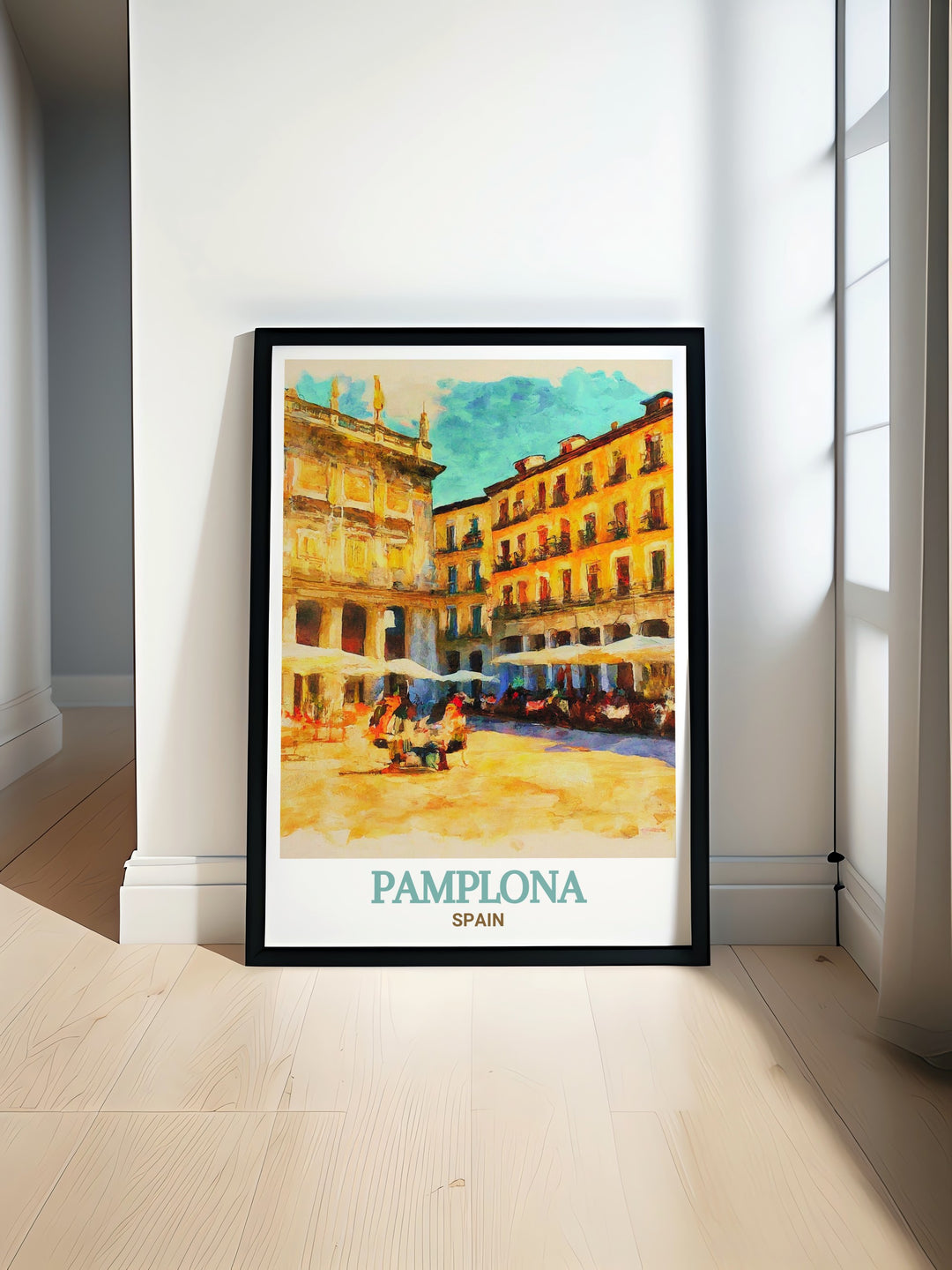 This Pamplona Poster Print features the iconic Plaza del Castillo a central square in Pamplona Spain known for its vibrant atmosphere and stunning architecture. Perfect for Spain wall art enthusiasts this print adds elegance and cultural significance to any living space.