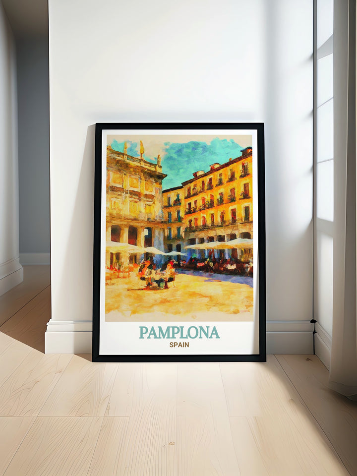 This Pamplona Poster Print features the iconic Plaza del Castillo a central square in Pamplona Spain known for its vibrant atmosphere and stunning architecture. Perfect for Spain wall art enthusiasts this print adds elegance and cultural significance to any living space.