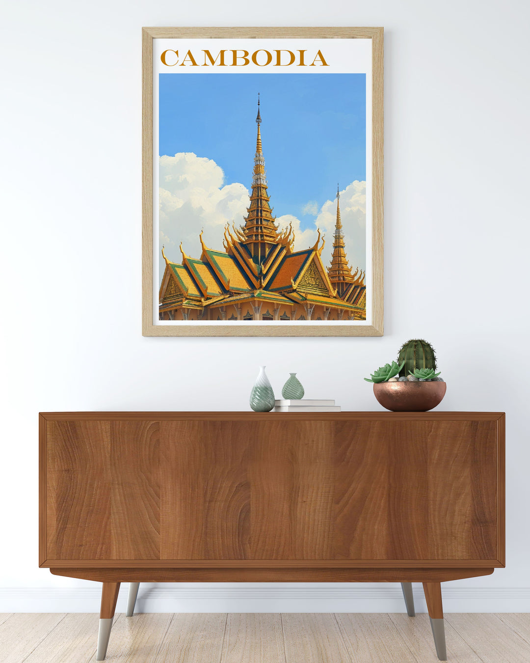 Unique Cambodia poster showcasing Royal Palace in a classic black and white vintage style ideal for history enthusiasts and art lovers alike.