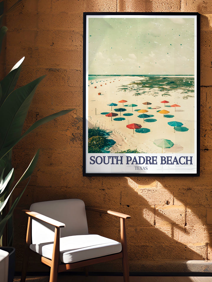 An eye catching canvas art print of South Padre Island, featuring the tranquil South Padre Beach and Isla Blanca. This travel poster is ideal for those who love coastal decor, offering a vibrant and detailed view of one of Texass most beautiful island destinations.