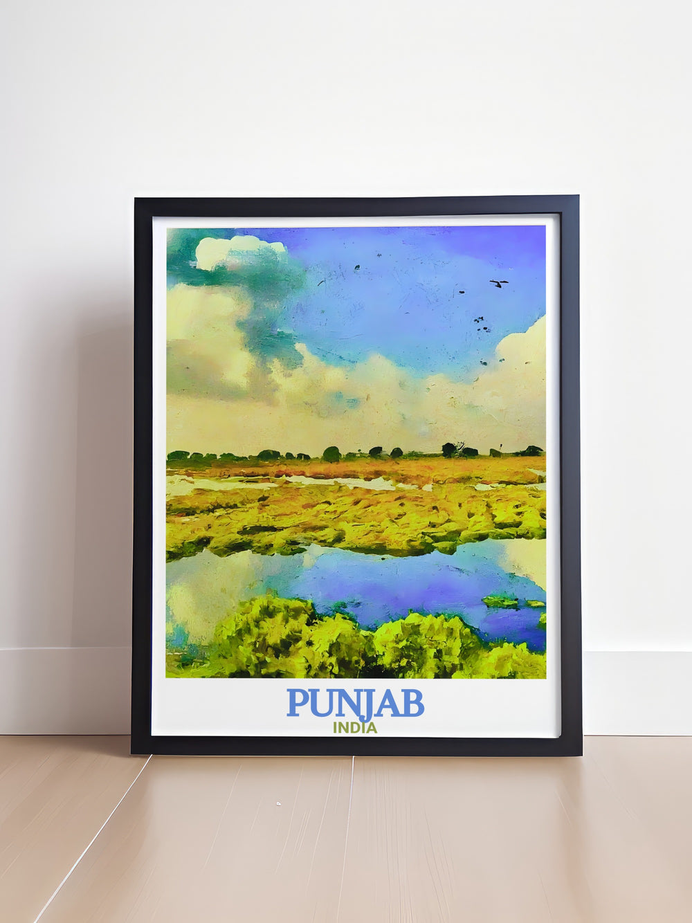 Bring the beauty of Punjabs Harike Wetland and Bird Sanctuary into your home with this vibrant travel print. The artwork captures the lush green landscapes and peaceful waters of the sanctuary, making it an excellent addition to any nature lovers art collection. Perfect for gifting or home decor.