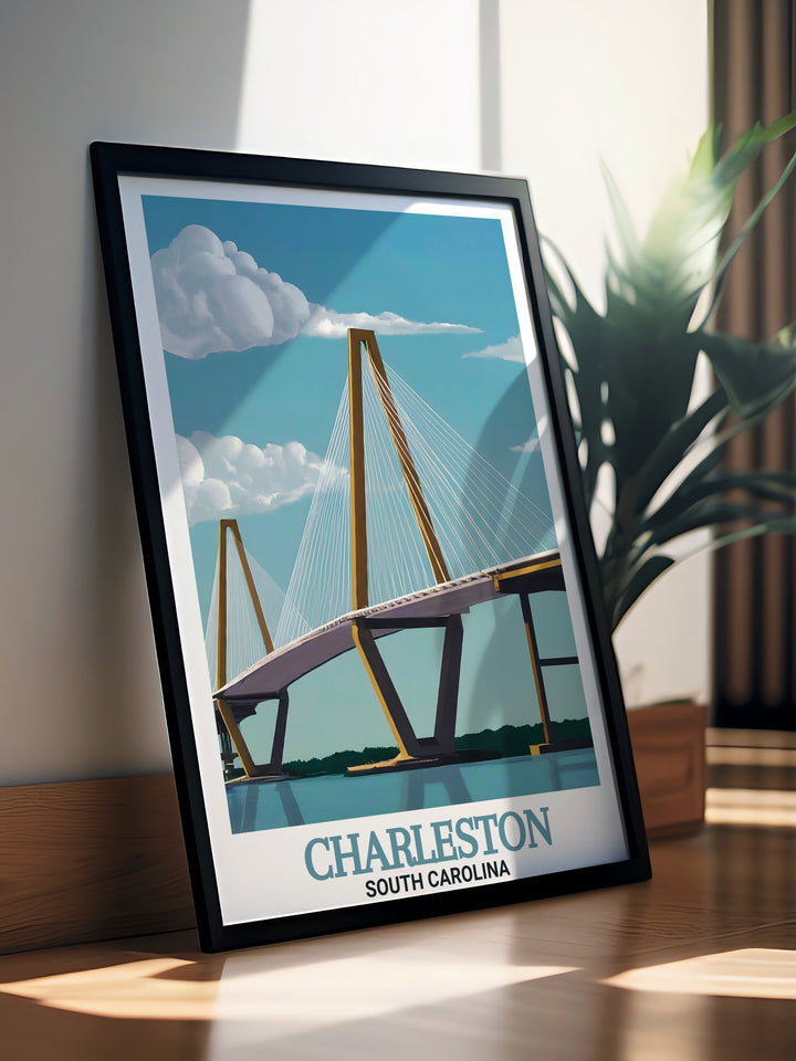 Arthur Ravenel Jr. Bridge vintage print showcasing the bridges timeless beauty and Charlestons scenic views ideal for wall art and home decor bringing a touch of Southern charm to any space