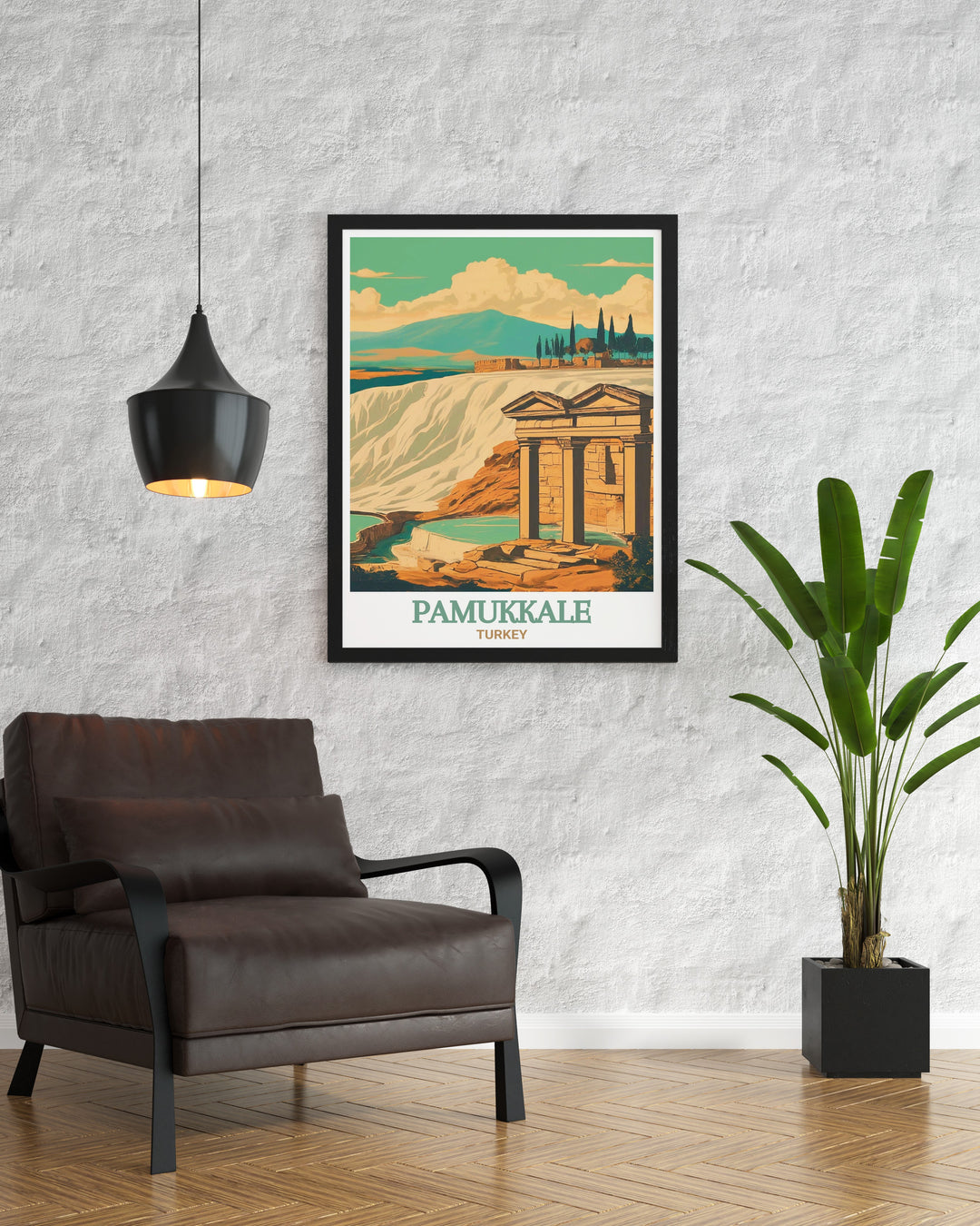 A serene art print of Pamukkale, showcasing the cascading white terraces filled with mineral rich waters. This artwork captures the ethereal beauty of Pamukkale, making it a striking addition to any room in your home.