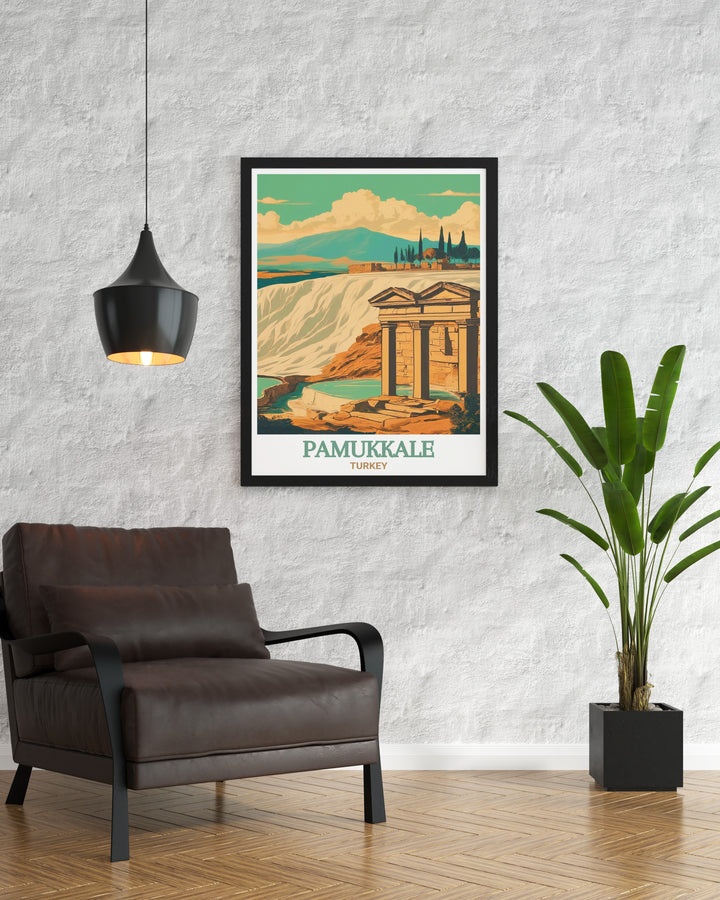 A serene art print of Pamukkale, showcasing the cascading white terraces filled with mineral rich waters. This artwork captures the ethereal beauty of Pamukkale, making it a striking addition to any room in your home.