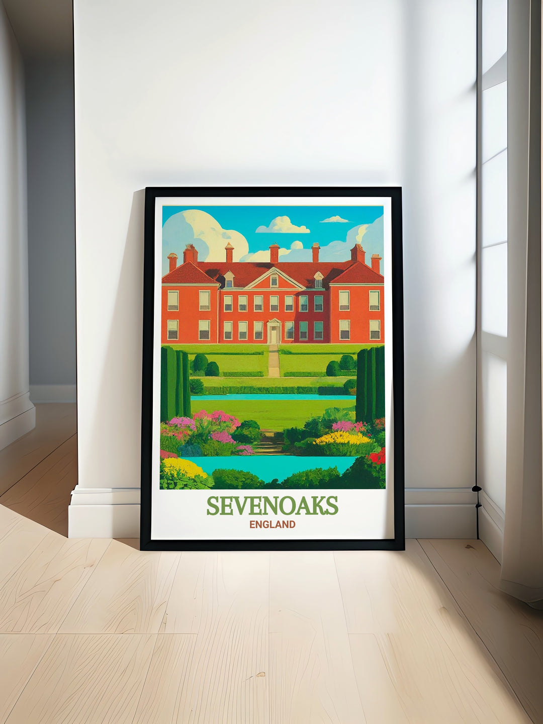 Poster print capturing the historic beauty of Chartwell in Sevenoaks, England, featuring its lush gardens and timeless architecture. Ideal for enhancing any room with English heritage.