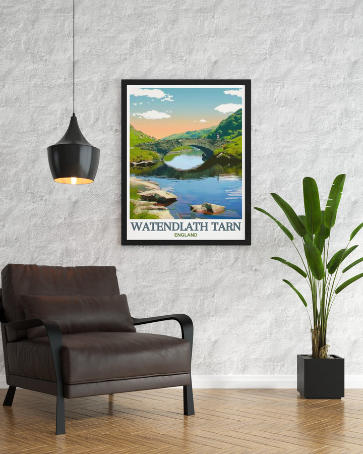 Detailed artwork of Watendlath Packhorse Bridge in a vintage travel print showcasing tranquil Thirlmere and historic Watendlath Hamlet perfect for stylish living room decor