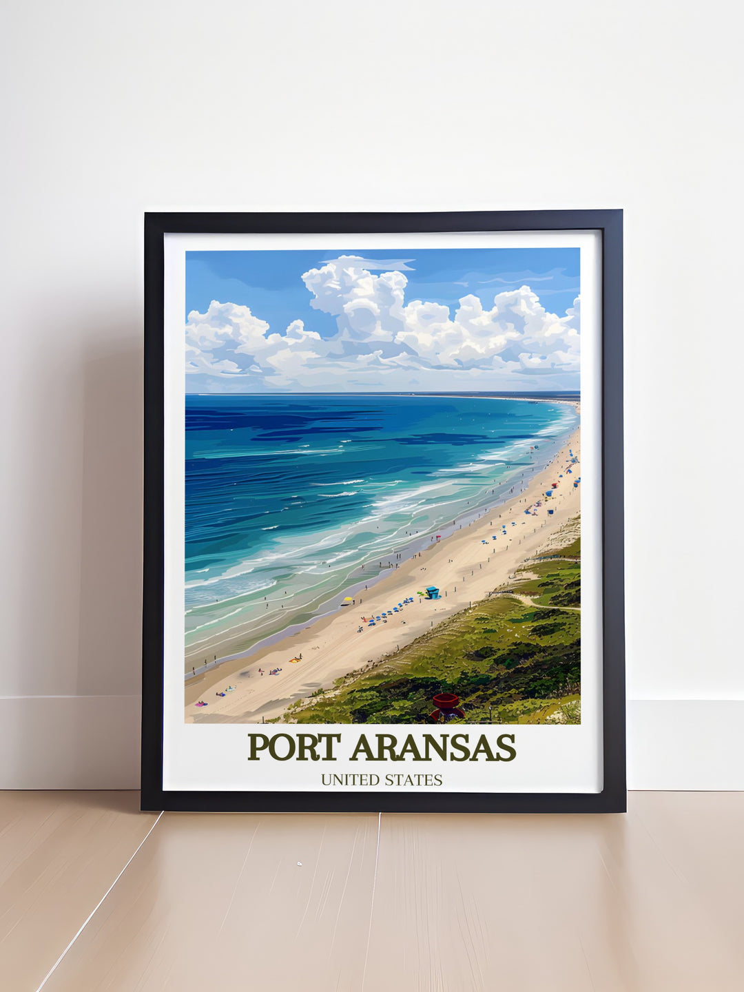 This detailed art print captures the serene beauty of Port Aransas Beach, with its endless horizon and tranquil waters. The vibrant colors and intricate design make it a perfect addition to any coastal themed decor, bringing the essence of Texass Gulf Coast into your home.