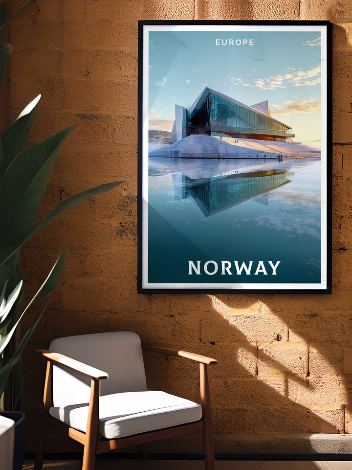 Captivating Flekkefjord print showcasing Norwegian landscape perfect for gifts and home decor combined with Oslo Opera House Layout stunning prints for elegant home decor