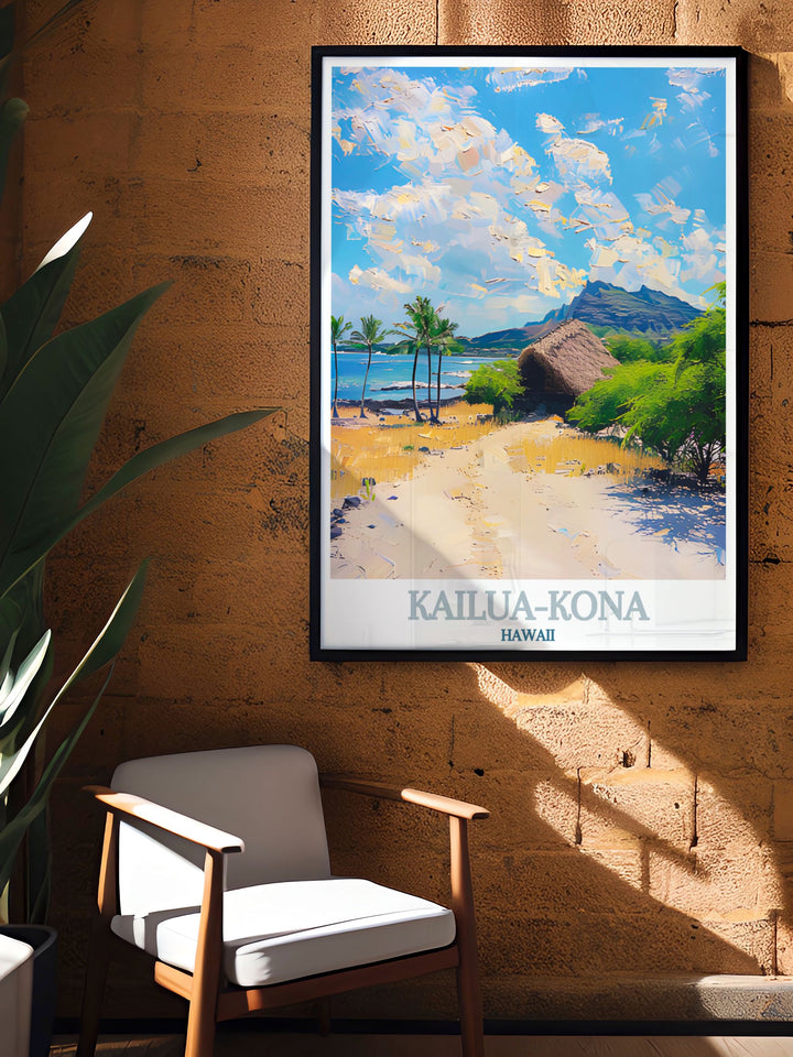 Our Kailua Kona travel print highlights the iconic beauty of Hawaiis famous coastal town, offering a perfect mix of scenic landscapes and historical landmarks. This Hawaii wall art is a must have for anyone with a love for the islands.