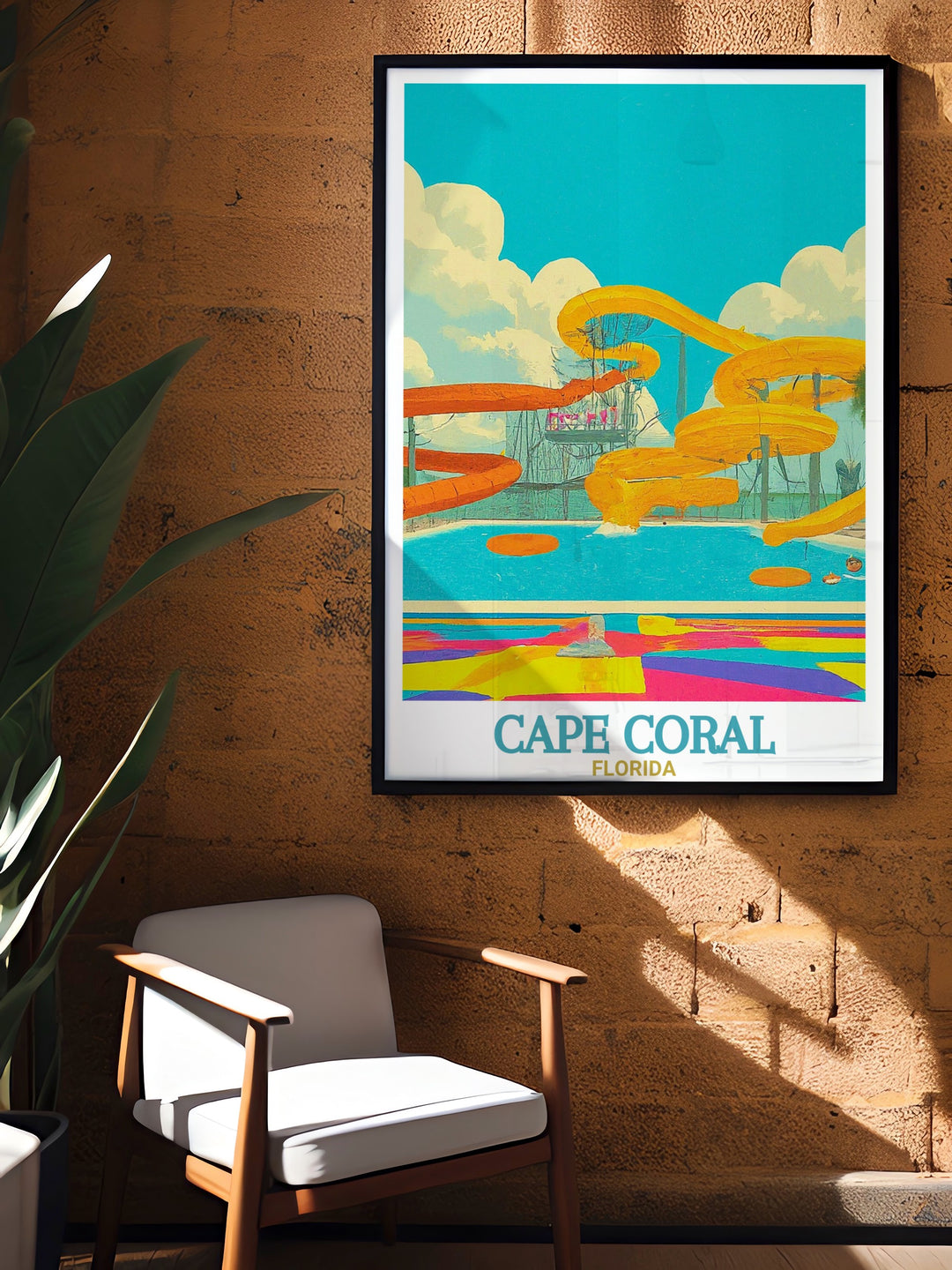 Florida Travel Print showcasing Sun Splash Family Waterpark in Cape Coral elegant wall art that captures the lively atmosphere of the waterpark making it an ideal addition to your home decor and a thoughtful gift.