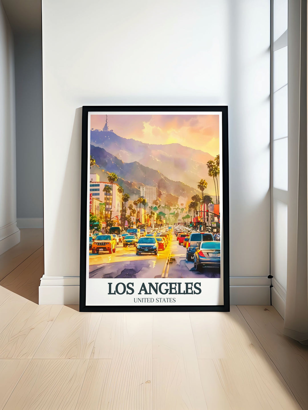 Los Angeles print showcasing Hollywood Boulevard street and Mount Lee perfect for home decor or as a unique gift capturing the vibrant energy and iconic sights of the city