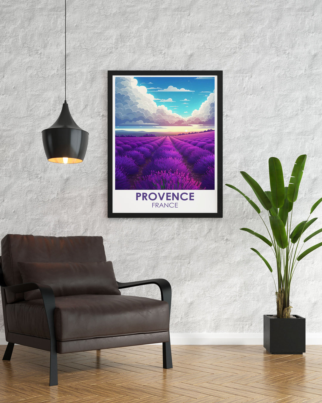 Discover the vibrant scenery of the Valensole Plateau through this exquisite travel poster, illustrating the symmetrical rows of blooming lavender and the rolling hills of Provence.