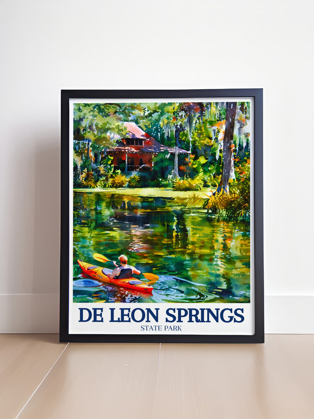 De Leon Springs Poster Print showcasing the serene beauty of De Leon Springs State Park in Volusia County, Florida, where clear waters and lush greenery provide a tranquil escape. This detailed artwork captures the essence of Floridas natural landscapes, perfect for those who cherish the calming effect of nature in their home decor.