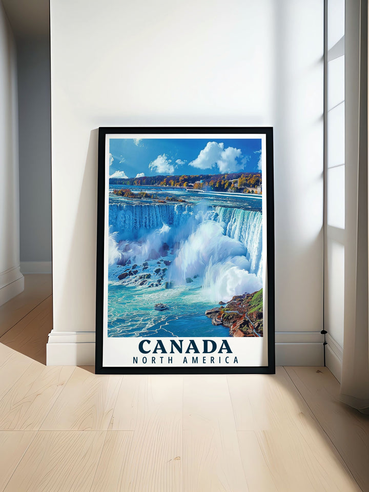 This travel poster captures the iconic Niagara Falls in Canada, perfect for adding a touch of natural splendor to your home decor.