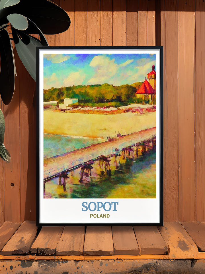 High quality illustration of Sopot Pier, Poland, depicting the iconic structure against a backdrop of calm waters and expansive skies. This wall decor piece is perfect for adding a touch of Polish coastal charm to your home, a beautiful reminder of Sopots rich cultural heritage.