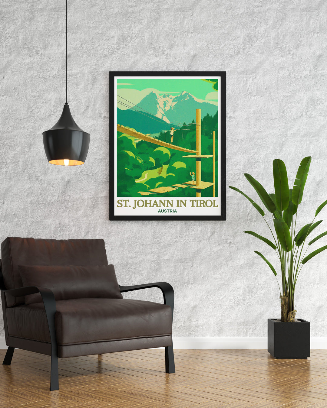 The Austria travel poster features a striking representation of St. Johann in Tirols majestic Alpine views and the excitement of the Hornpark Climbing Forest. Ideal for home décor, this poster is a tribute to Austrias diverse landscapes and cultural heritage.