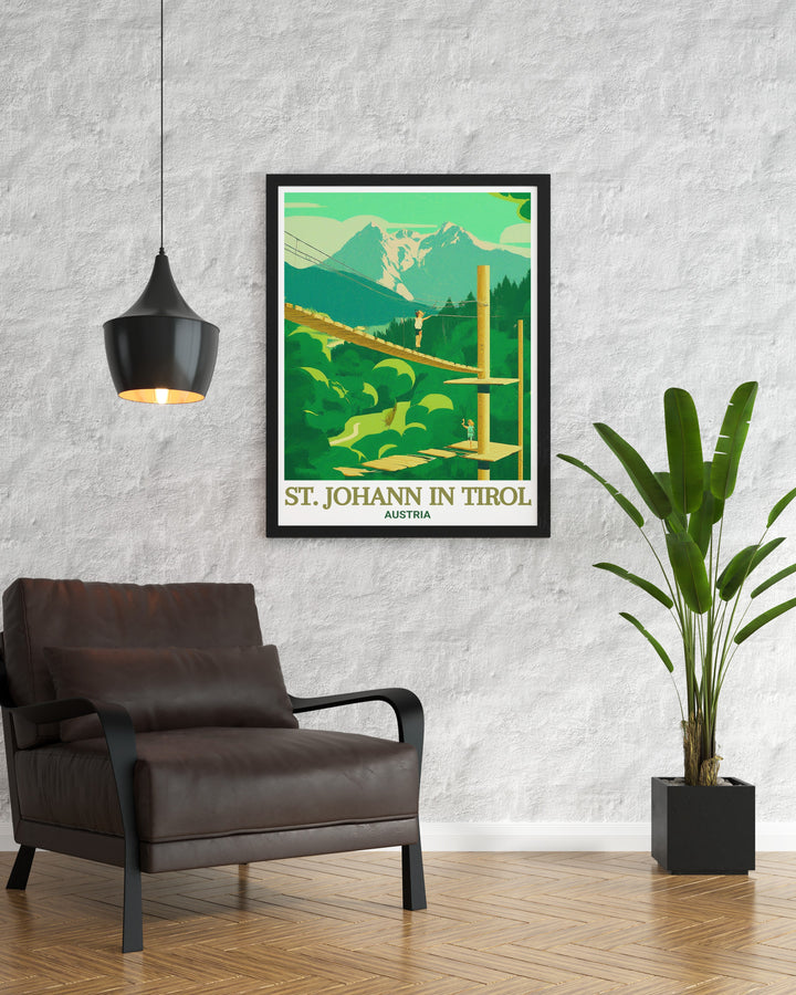 The Austria travel poster features a striking representation of St. Johann in Tirols majestic Alpine views and the excitement of the Hornpark Climbing Forest. Ideal for home décor, this poster is a tribute to Austrias diverse landscapes and cultural heritage.