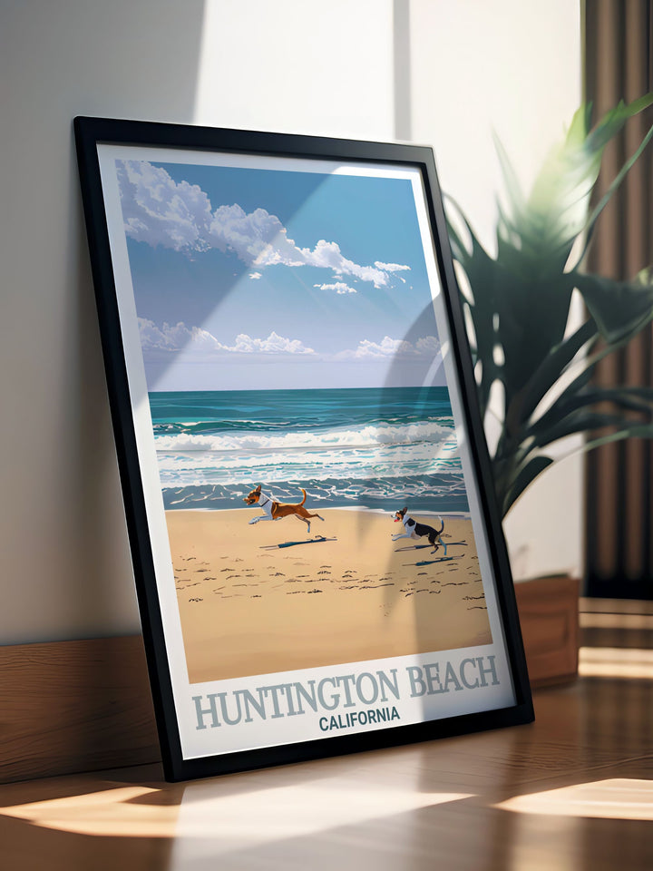 A vibrant poster print capturing the scenic beauty of Huntington Beach and Huntington Dog Beach, California. Featuring the iconic pier and a lively dog beach, this artwork brings the charm of Californias coastline into any home. Ideal for beach lovers and California enthusiasts.