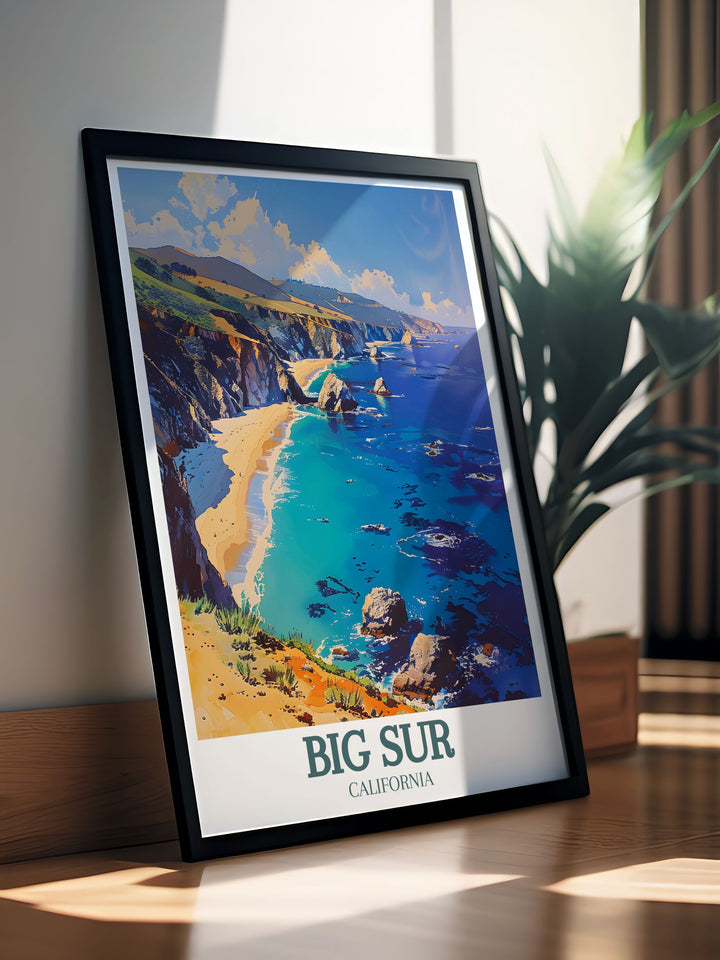 Big Surs dramatic coastline and the elegant arch of Bixby Creek Bridge are beautifully depicted in this art print, making it a versatile piece for any home decor.