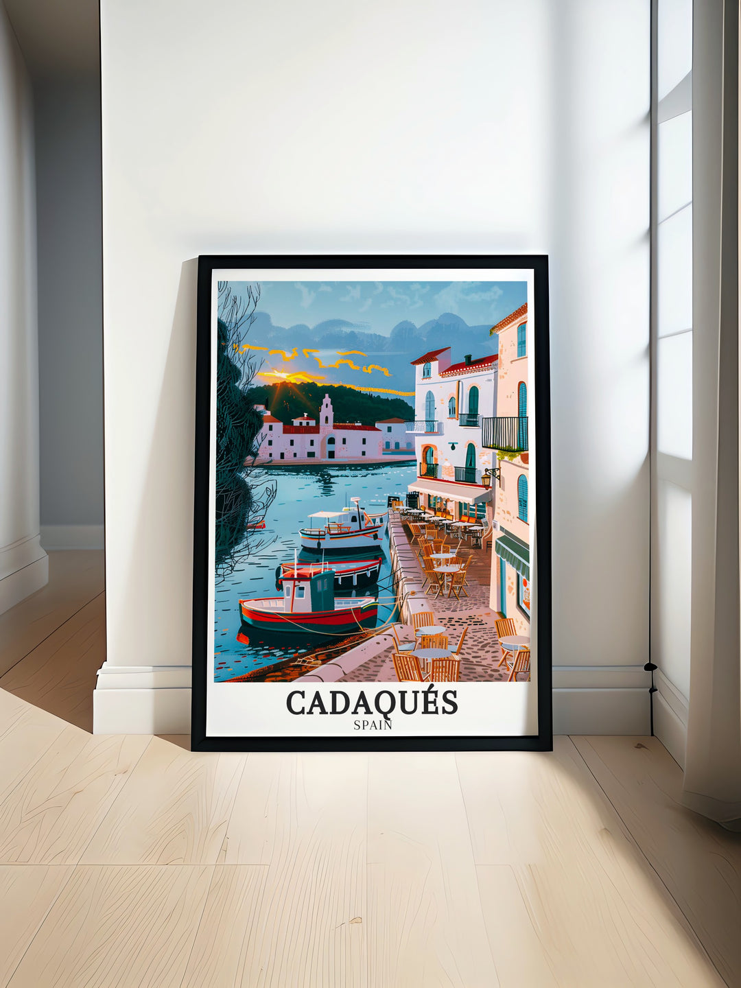 This Cadaqués poster print beautifully showcases the charm of this coastal town on Spains Mediterranean shores, featuring whitewashed houses and crystal clear waters. A perfect piece for those who love the tranquility of Spains Costa Brava and want to bring that peaceful charm into their home.