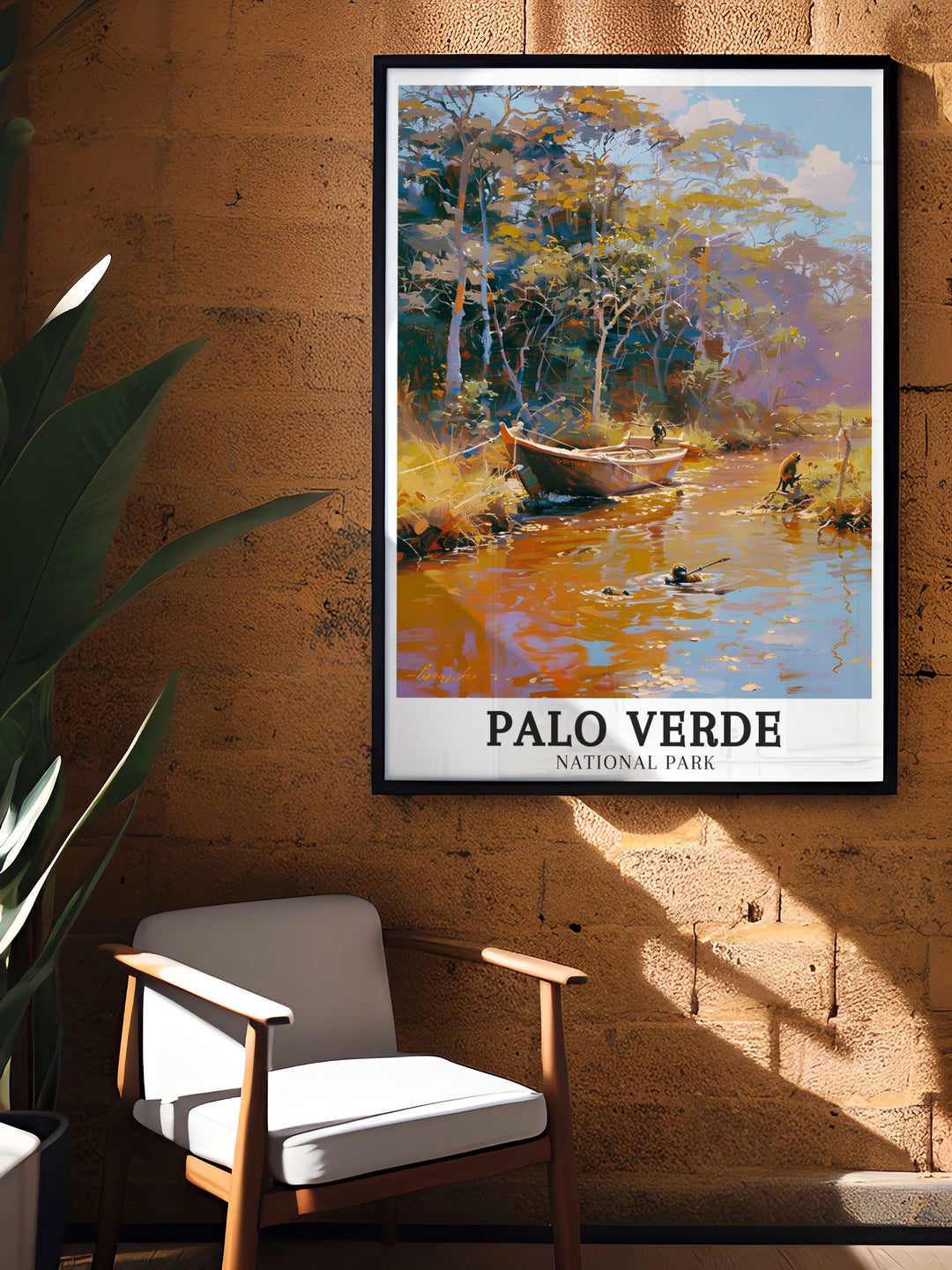 Costa Rica print featuring the Tempisque River and Verde Boat from Palo Verde National Park this modern art piece is perfect for those who appreciate the beauty of nature and want to bring the wild landscapes of Costa Rica into their home decor.