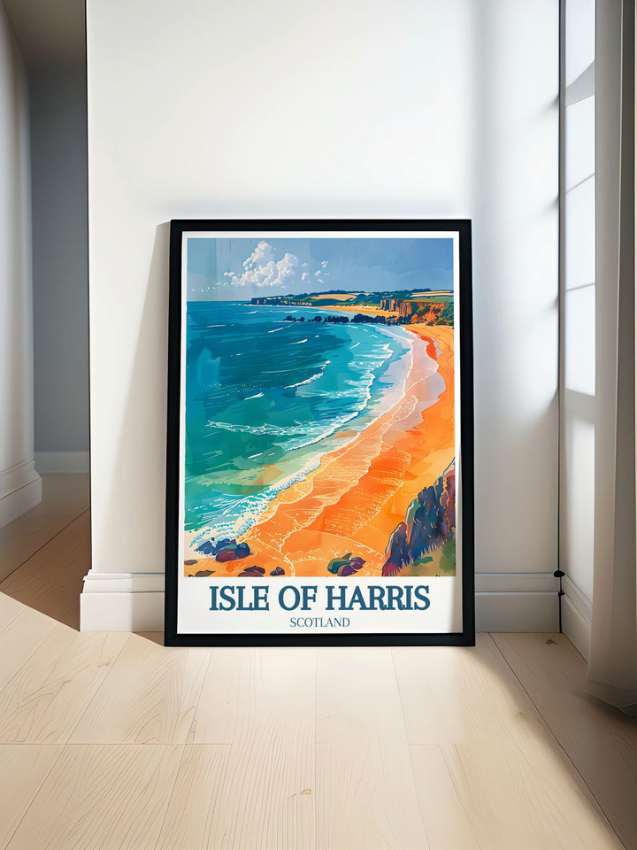 A travel poster featuring the serene Luskentyre Beach on the Isle of Harris, showcasing its white sands and turquoise waters, perfect for any coastal decor.