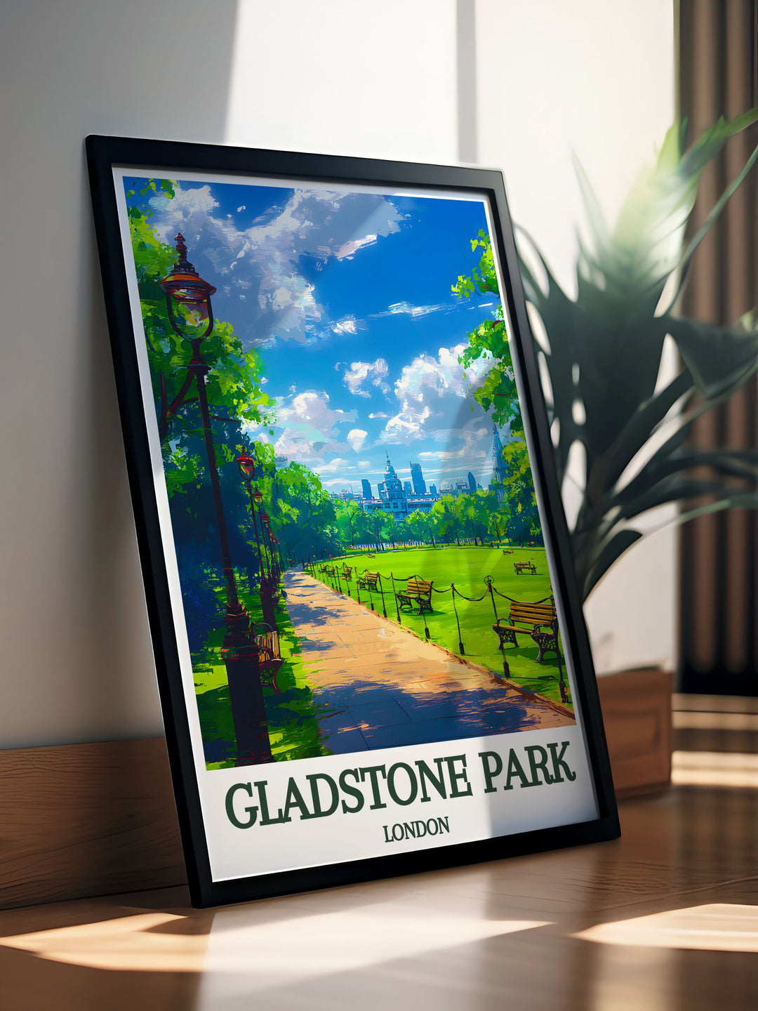 Vintage poster capturing the tranquil waters and picturesque gardens of Gladstone Park in Dollis Hill, ideal for adding a touch of peaceful greenery to your living space.