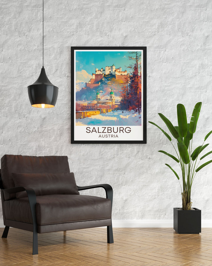 Discover the beauty of Hohensalzburg Fortress in Salzburg with this vintage travel print. Ideal for home decor, it features Zauchensee skiing. Perfect for those who love Austrian history and the thrill of the slopes. A great addition to any wall art collection.