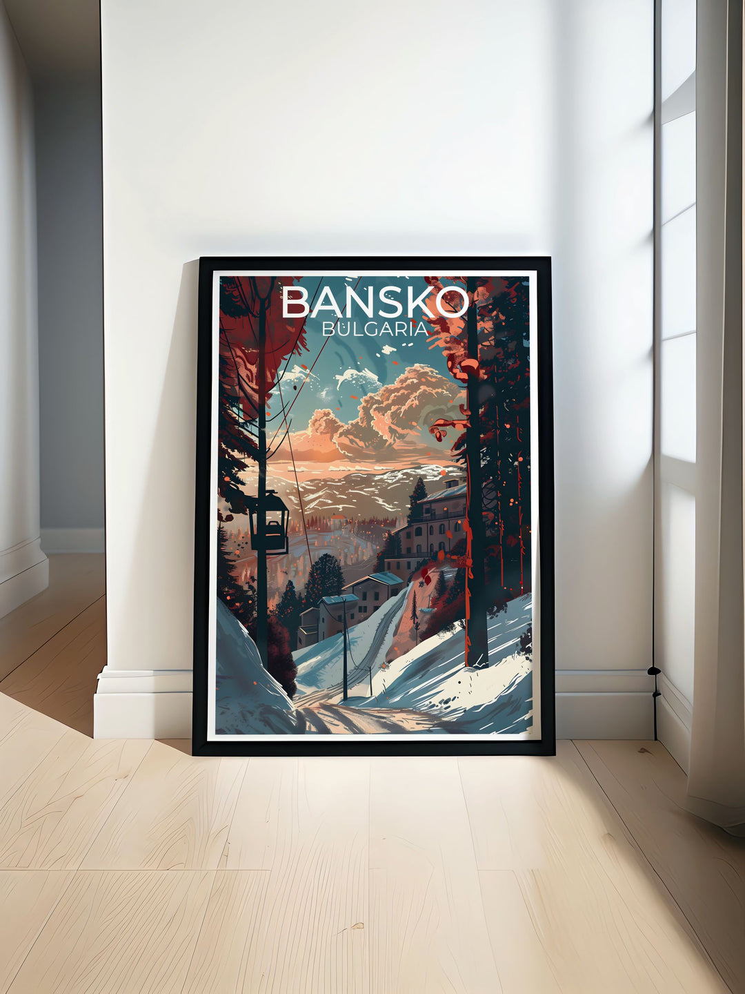 This art print captures the excitement of Bansko Ski Resort, showcasing its modern facilities and scenic alpine backdrop, perfect for adding a touch of winter sports adventure to your home decor.