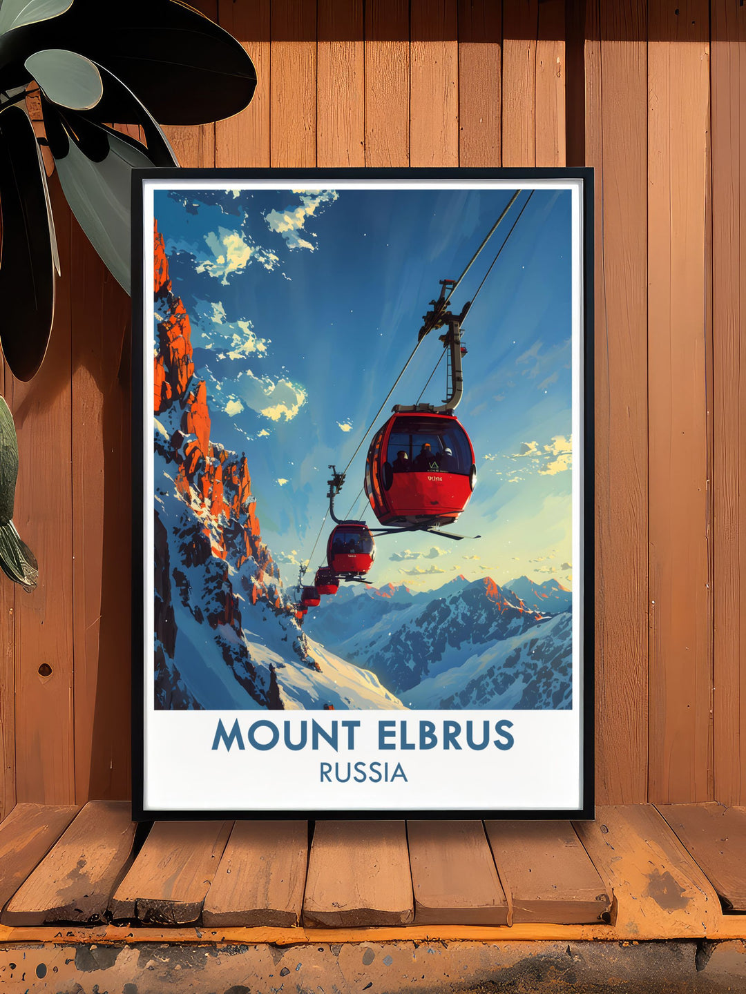 Vintage Travel Print of Mount Elbrus perfect for those who love classic travel art and mountain scenery cable cars and chair lifts enhance the nostalgic feel making it an ideal addition to any room