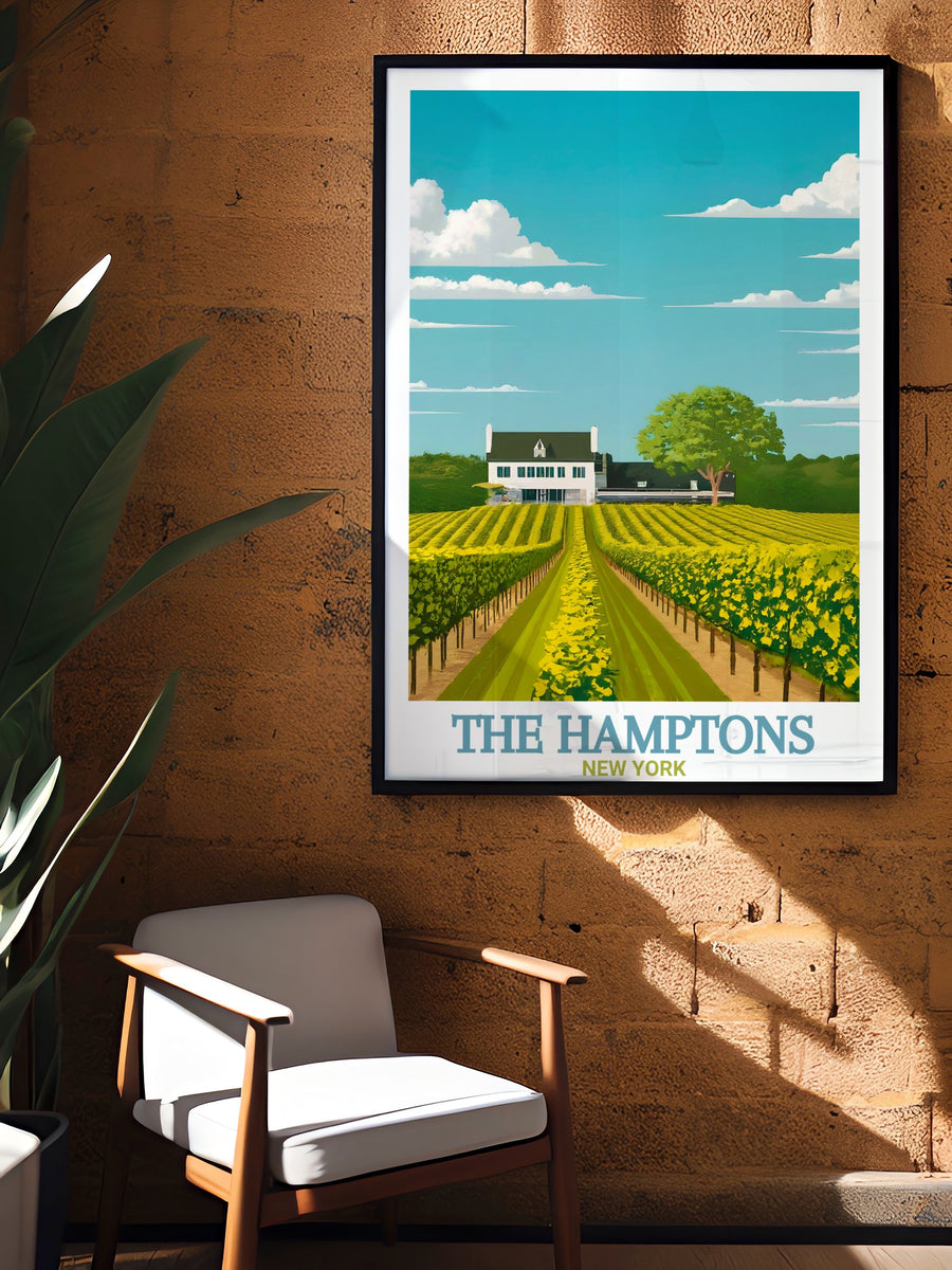 This New York travel poster showcases The Hamptons and Montauk Point Lighthouse, using a vintage aesthetic and calming colors to capture the essence of these iconic coastal locations. The detailed map of The Hamptons makes it a perfect décor choice for beach lovers.