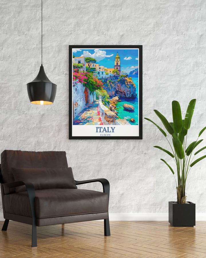 The stunning vistas of the Amalfi Coast and the majestic Campanile Bell Tower are depicted in this travel poster, offering a glimpse into Italys rich cultural heritage and natural beauty.