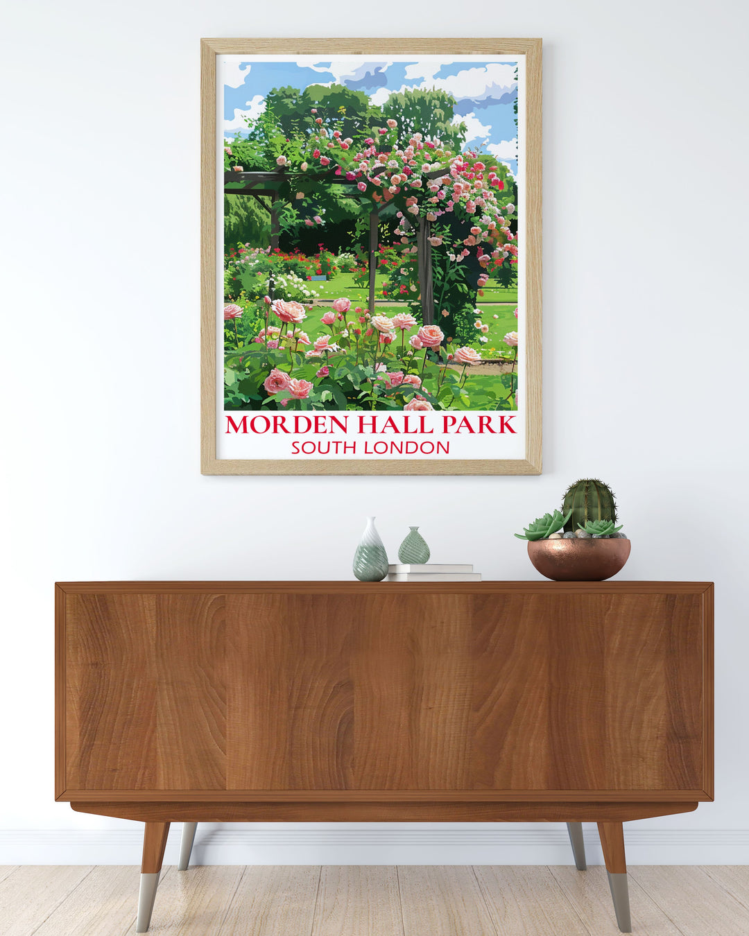 Vintage travel print featuring the Rose Garden at Morden Hall Park offers a timeless view of this beloved London park ideal for art lovers and travelers looking for unique and beautiful wall decor