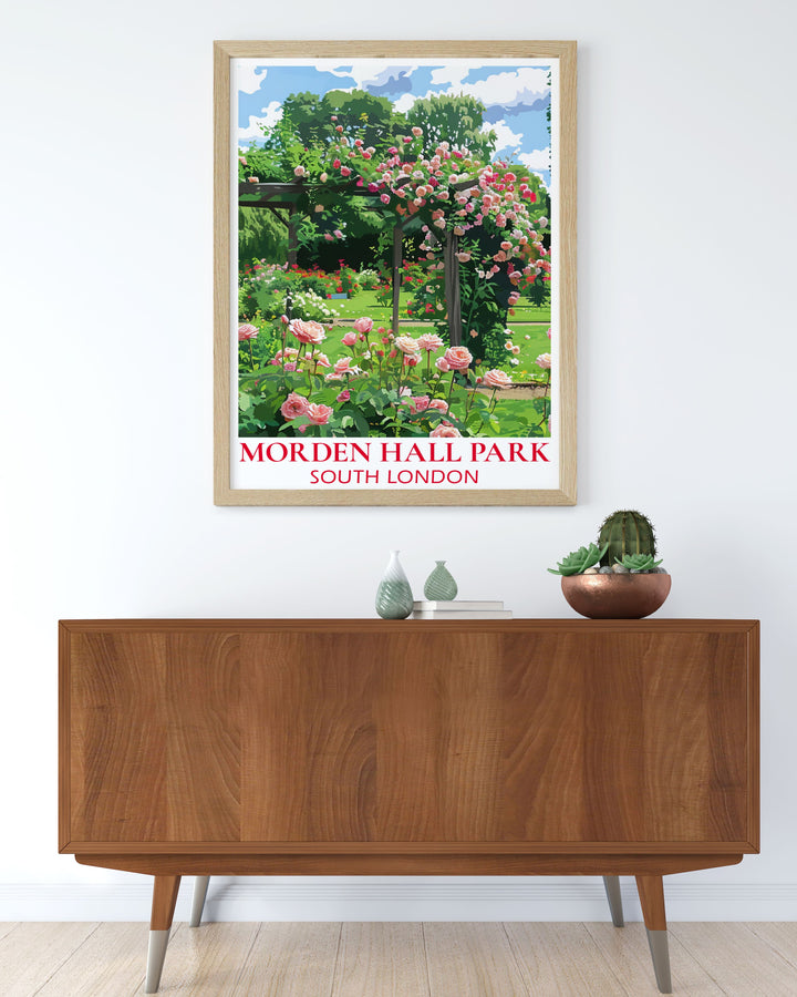 Vintage travel print featuring the Rose Garden at Morden Hall Park offers a timeless view of this beloved London park ideal for art lovers and travelers looking for unique and beautiful wall decor