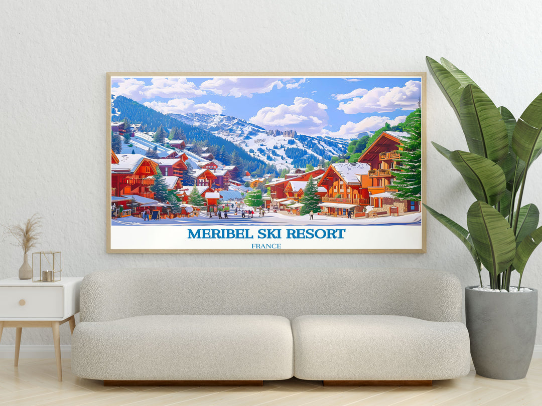 Meribel Village artwork featuring a striking vintage ski print. This retro skiing poster showcases the picturesque beauty of the Meribel Ski Resort and Mont Vallon. Ideal for adding alpine charm to any room.