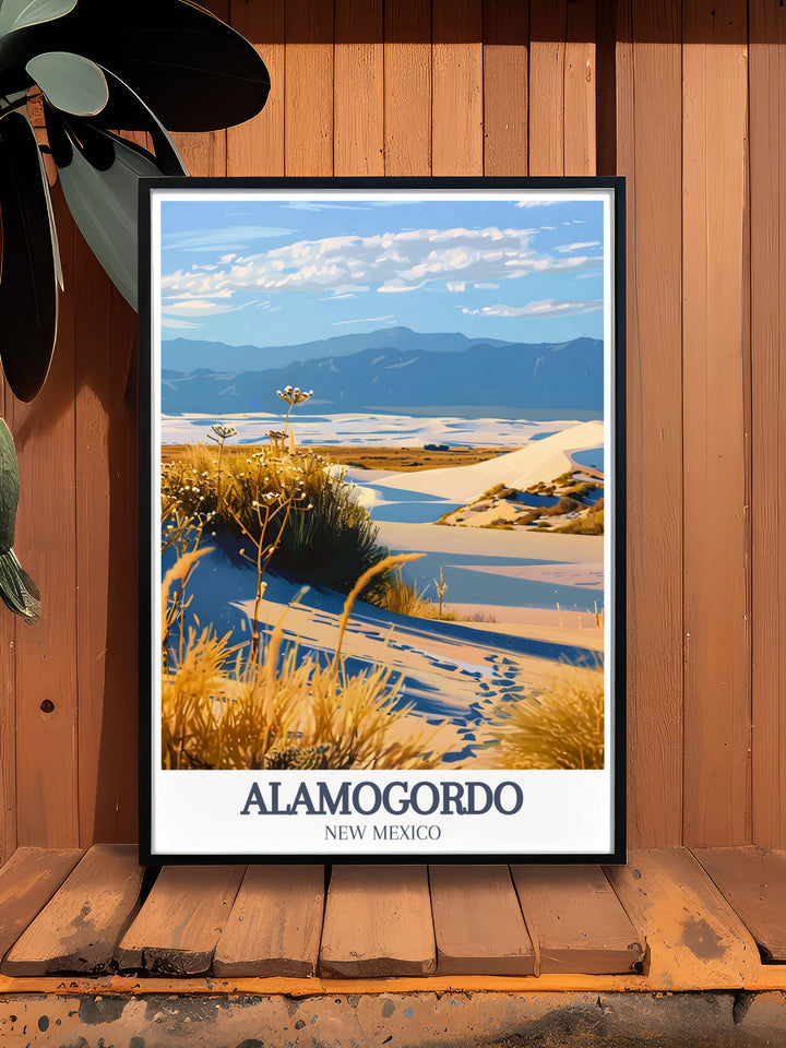 Alamogordo poster featuring the vast landscapes of White Sands National Park and White Sands Missile Range perfect for New Mexico decor enthusiasts looking to bring the beauty of the desert into their homes or as a memorable gift for friends and family.