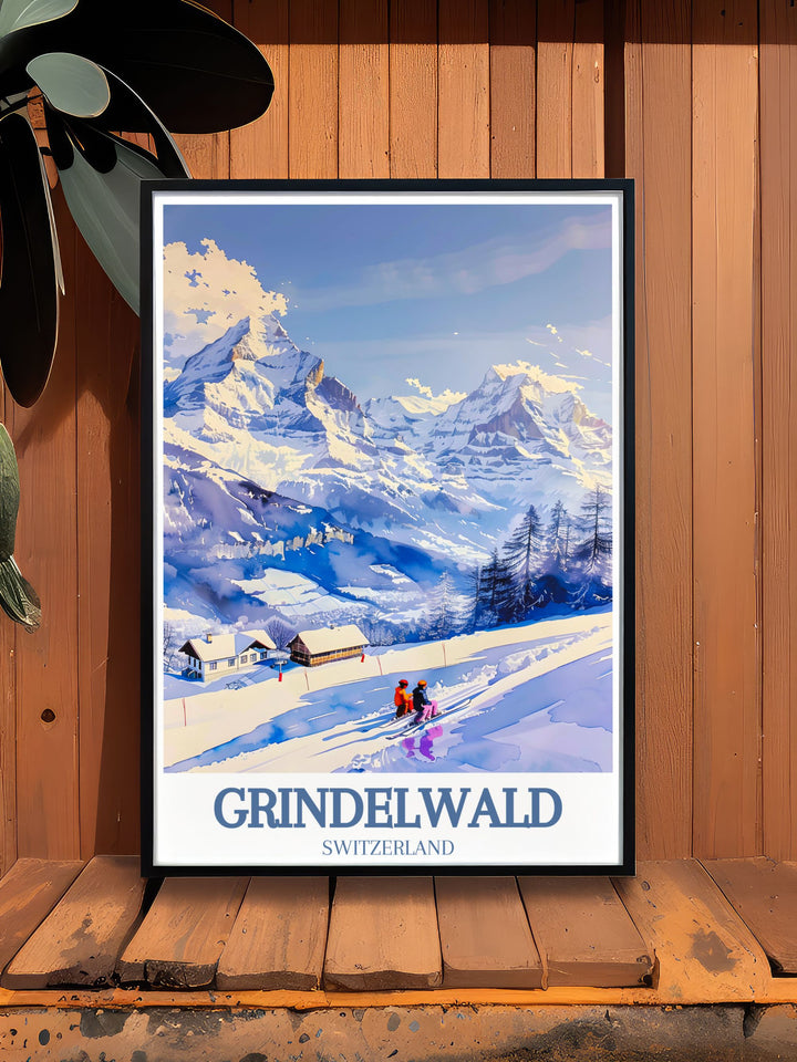 Showcasing the adventurous spirit and breathtaking landscapes of the Jungfrau Ski Region, this travel poster features detailed illustrations of the slopes and alpine scenery, perfect for enhancing any space.