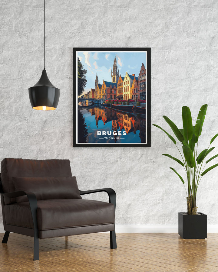 Charming canal scene poster showcasing the beauty of Bruges Belgium. This artwork captures the essence of Bruges with its serene canals and historic architecture making it an ideal addition to any home decor or a unique travel gift.