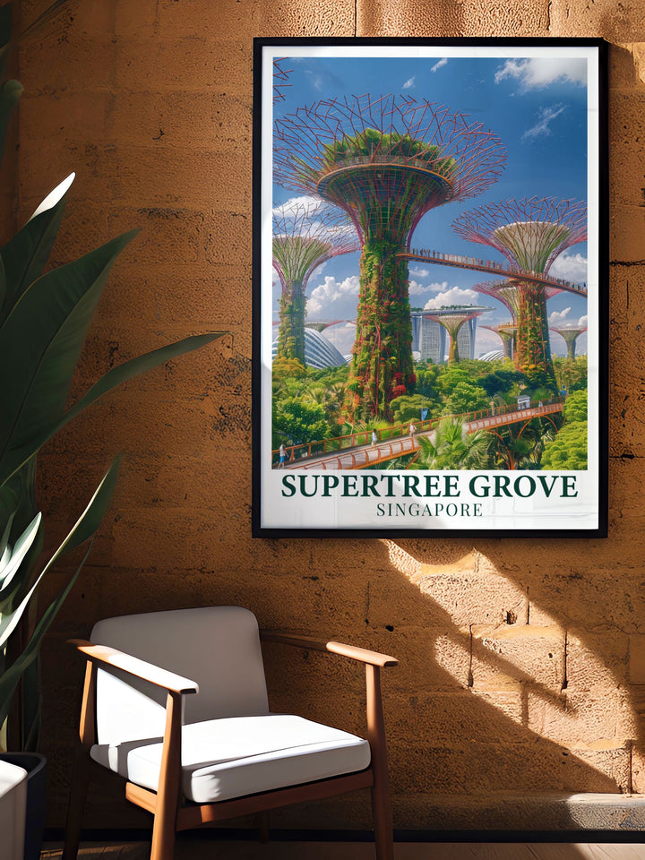 Daytime view of Supertree Grove in Singapore featured in a stunning art print. This vibrant artwork is perfect for modern wall decor and makes a great gift for anyone who loves Singapore or contemporary art.