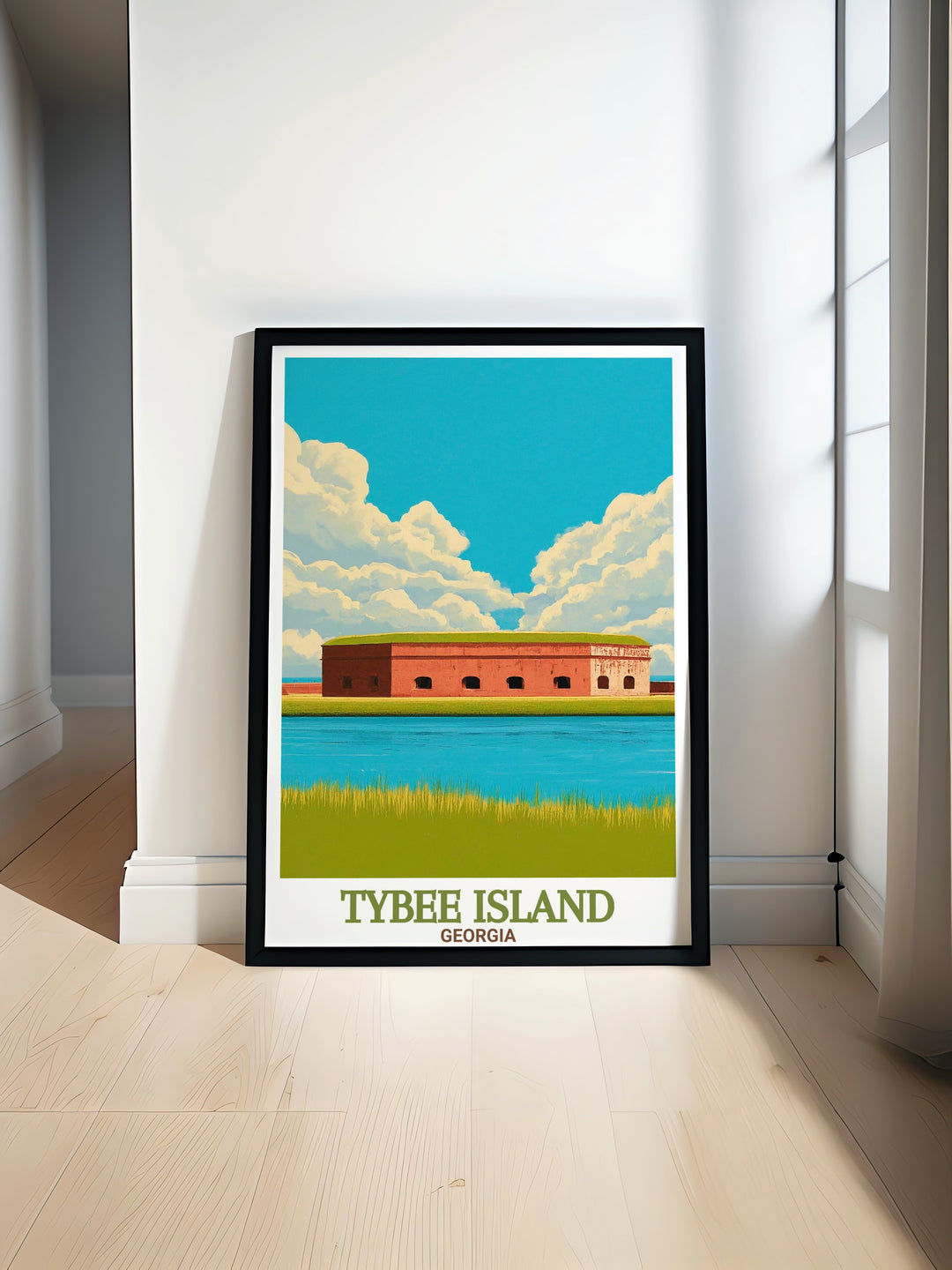 Tybee Island Map featuring Fort Pulaski National Monument beautiful black and white design perfect for elegant home decor and travel enthusiasts looking to add a touch of coastal charm to their living spaces with stunning artwork.