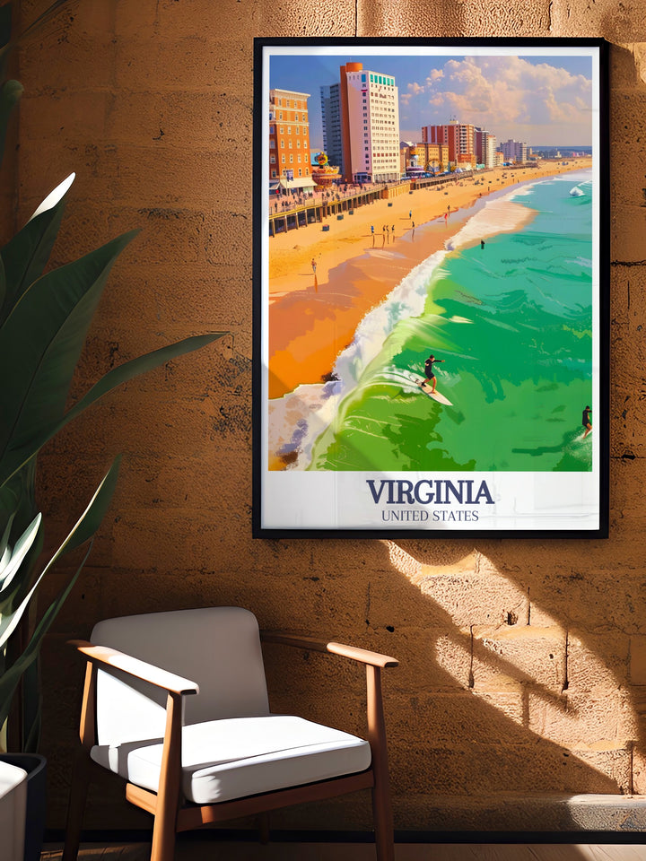 Richmond City Map Art Print featuring Virginia Beach boardwalk Virginia Beach influences perfect for adding a touch of elegance to your home decor travel poster collection or as a thoughtful and personalized gift.