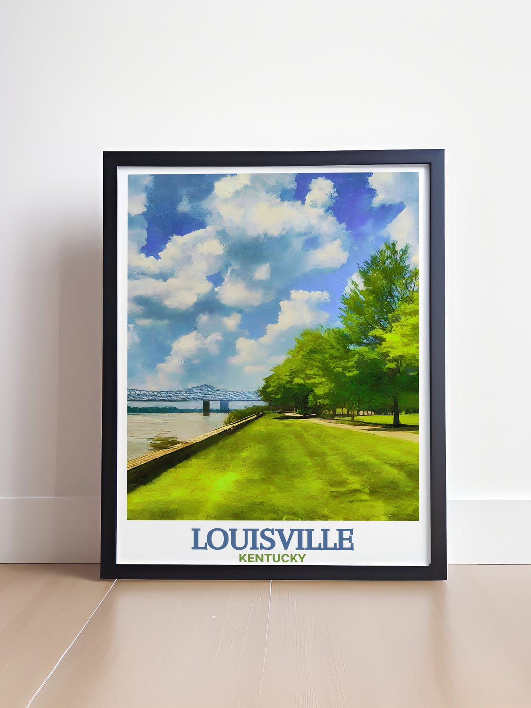 A stunning Louisville poster print featuring Waterfront Park and the Kentucky skyline. The vibrant artwork showcases the parks lush greenery, iconic bridges, and the tranquil Ohio River, making it the perfect addition to any home or office decor.