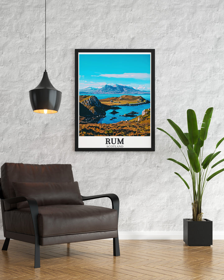 This wall print captures the breathtaking interplay between the rugged peaks of the Rum Cuillin Mountains and the tranquil waters of the North Sea, bringing the essence of Scotland into your space.